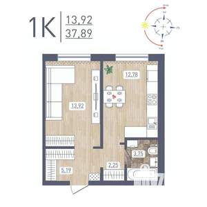 1-к квартира, строящийся дом, 38м2, 1/17 этаж
