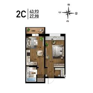 2-к квартира, строящийся дом, 44м2, 13/17 этаж