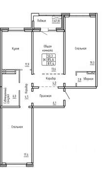 3-к квартира, строящийся дом, 87м2, 11/17 этаж