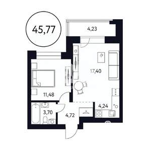 1-к квартира, сданный дом, 46м2, 8/25 этаж