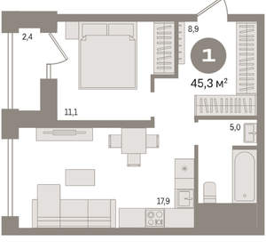 1-к квартира, вторичка, 45м2, 15/30 этаж