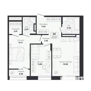 3-к квартира, строящийся дом, 65м2, 5/9 этаж