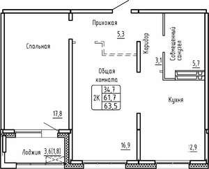 2-к квартира, строящийся дом, 64м2, 16/17 этаж