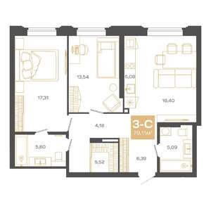 3-к квартира, строящийся дом, 79м2, 22/24 этаж