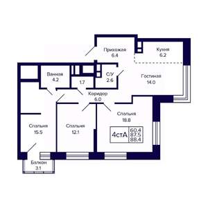 4-к квартира, вторичка, 88м2, 4/23 этаж