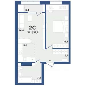2-к квартира, вторичка, 53м2, 6/9 этаж