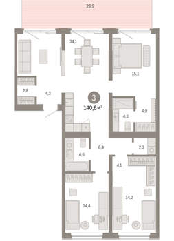 3-к квартира, вторичка, 141м2, 1/15 этаж