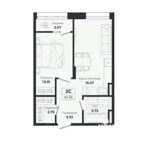 2-к квартира, строящийся дом, 38м2, 6/9 этаж