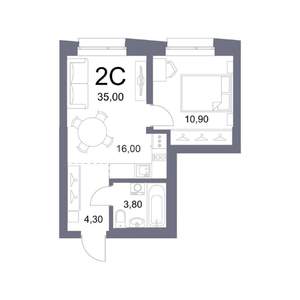 2-к квартира, вторичка, 35м2, 15/25 этаж