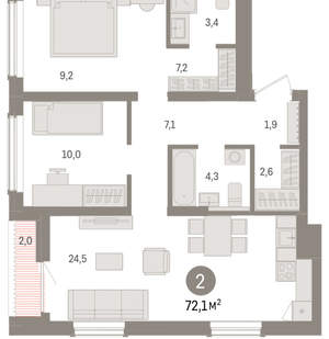 2-к квартира, вторичка, 72м2, 14/15 этаж