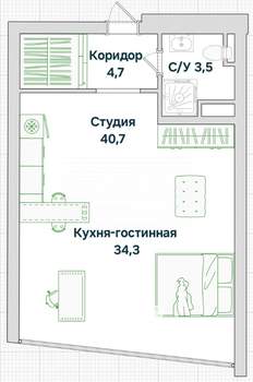 Студия квартира, вторичка, 41м2, 12/12 этаж