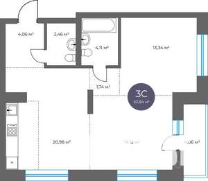 3-к квартира, вторичка, 63м2, 3/16 этаж