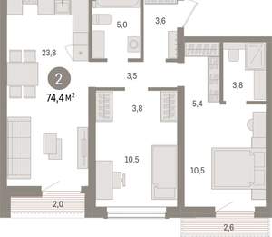 2-к квартира, вторичка, 74м2, 7/15 этаж