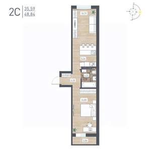 2-к квартира, строящийся дом, 49м2, 16/17 этаж