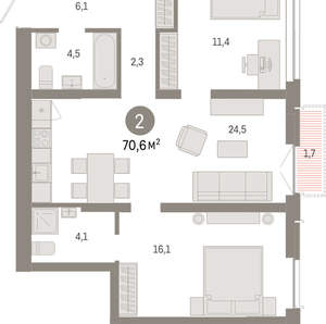 2-к квартира, вторичка, 71м2, 10/23 этаж