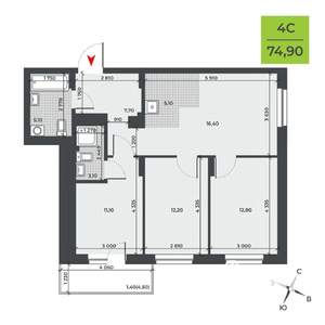 4-к квартира, строящийся дом, 75м2, 16/21 этаж