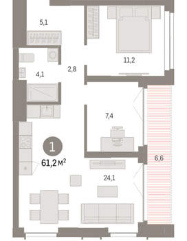 1-к квартира, вторичка, 61м2, 17/23 этаж