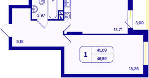 1-к квартира, вторичка, 47м2, 9/26 этаж