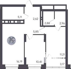 2-к квартира, строящийся дом, 57м2, 16/25 этаж
