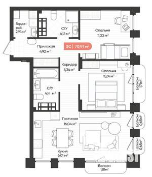 3-к квартира, вторичка, 71м2, 16/20 этаж