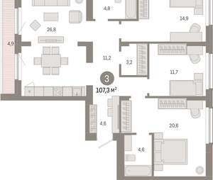 3-к квартира, вторичка, 107м2, 8/12 этаж