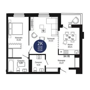 2-к квартира, вторичка, 64м2, 4/20 этаж