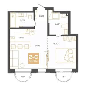 2-к квартира, строящийся дом, 55м2, 16/24 этаж