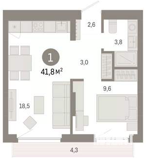 1-к квартира, вторичка, 42м2, 5/9 этаж