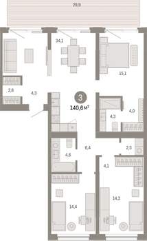 3-к квартира, вторичка, 141м2, 1/15 этаж