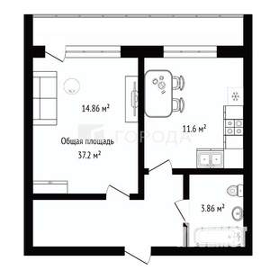 2-к квартира, вторичка, 37м2, 3/12 этаж