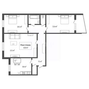 3-к квартира, вторичка, 63м2, 4/9 этаж