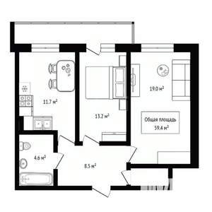 2-к квартира, вторичка, 59м2, 12/19 этаж
