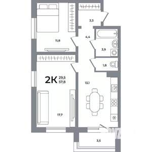 2-к квартира, вторичка, 58м2, 10/17 этаж