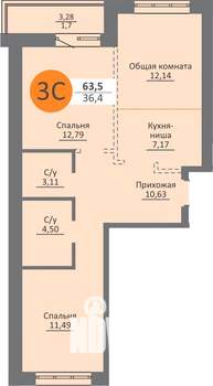 3-к квартира, строящийся дом, 61м2, 1/25 этаж