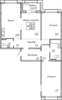 3-к квартира, вторичка, 89м2, 2/15 этаж