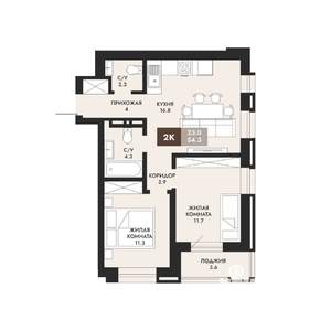 2-к квартира, вторичка, 54м2, 14/22 этаж