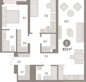 2-к квартира, вторичка, 87м2, 7/15 этаж