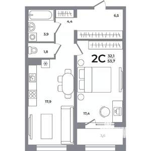 2-к квартира, вторичка, 54м2, 4/17 этаж