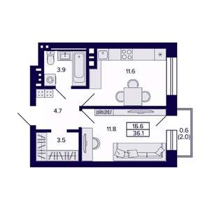 1-к квартира, вторичка, 36м2, 6/20 этаж