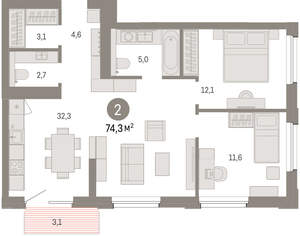2-к квартира, вторичка, 74м2, 5/24 этаж