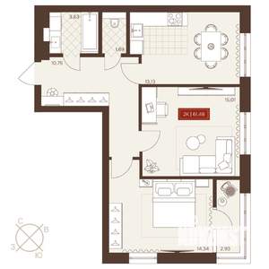 2-к квартира, вторичка, 61м2, 15/24 этаж