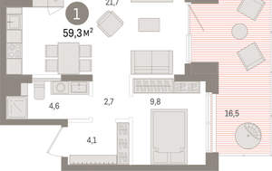 1-к квартира, вторичка, 59м2, 1/15 этаж