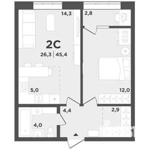 2-к квартира, вторичка, 43м2, 3/9 этаж