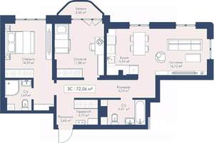 3-к квартира, вторичка, 72м2, 3/24 этаж