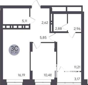 2-к квартира, строящийся дом, 57м2, 9/25 этаж