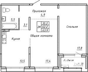 2-к квартира, вторичка, 64м2, 8/15 этаж