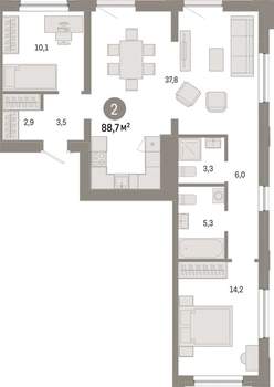 2-к квартира, вторичка, 89м2, 3/17 этаж