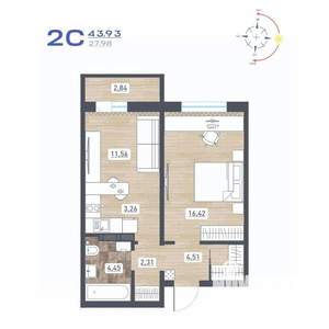 2-к квартира, строящийся дом, 44м2, 14/17 этаж