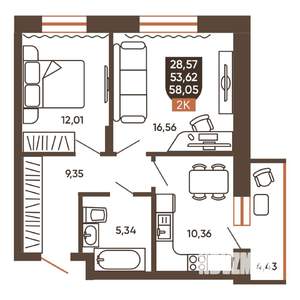 2-к квартира, строящийся дом, 58м2, 10/19 этаж