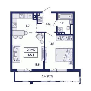 2-к квартира, вторичка, 46м2, 3/14 этаж